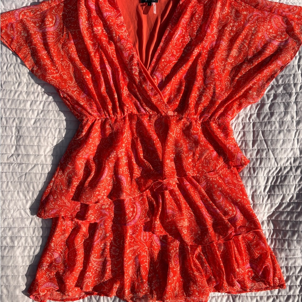 1. State Red Paisley Ruffle Wrap Tunic